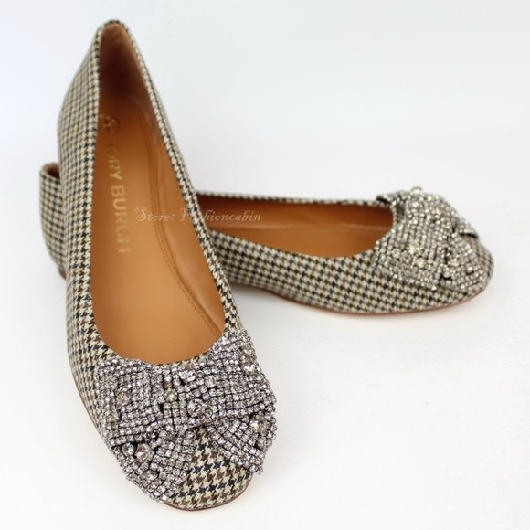 NEW Tory Burch Crystal Bow Houndstooth Ballerina Flat - Picture 1 of 13